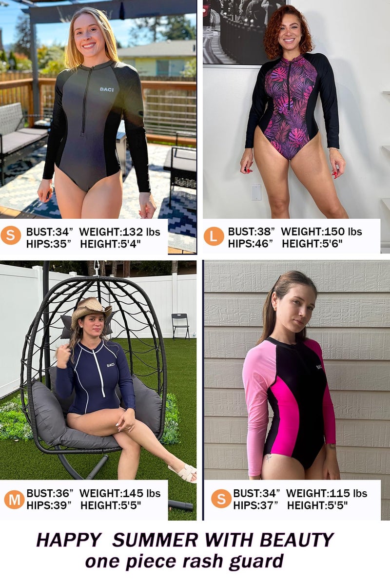 Daci Women Grey Black Rash Guard Long Sleeve One Piece Swimsuit Zipper Surfing Bathing Suit UPF 50 L - Image 5
